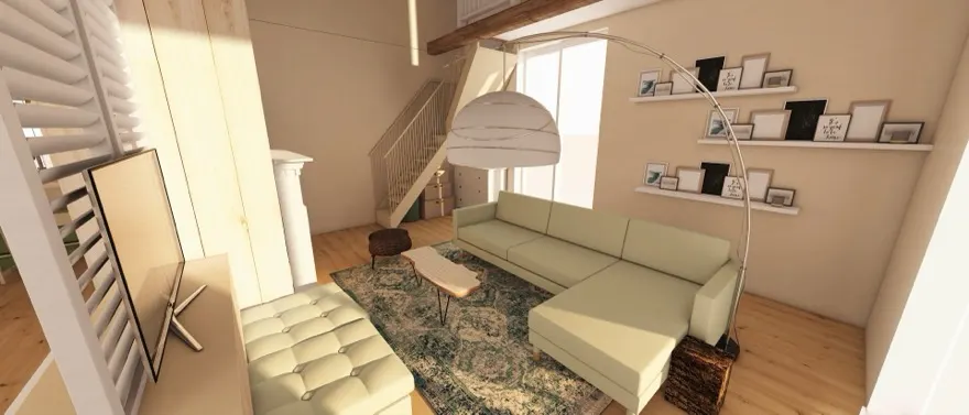 Séjour à double hauteur d’une ferme du Vic-Bilh rénovée, mezzanine bois et parquet clair