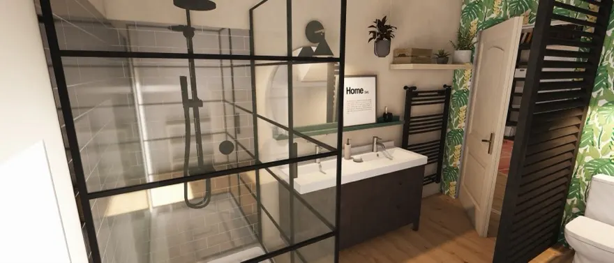 Salle d’eau avec verrière noire et douche à l’italienne, dans une maison rénovée de l’agglomération paloise