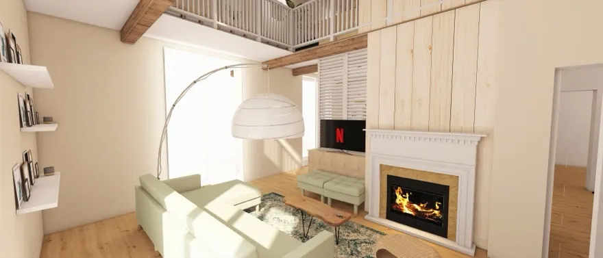 Séjour réaménagé avec cheminée en pierre, liseuse arquée et mezzanine bois — projet d’aménagement intérieur en Béarn