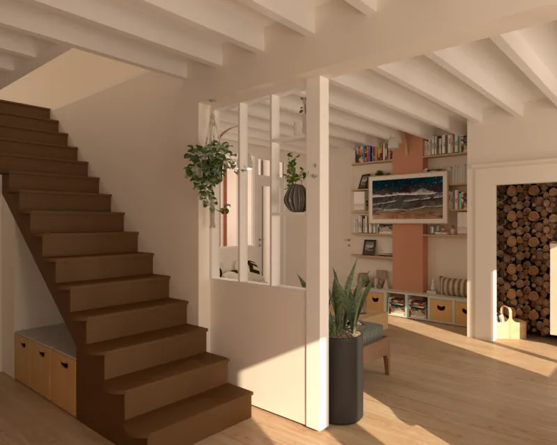 Entrée repensée autour d’un escalier bois, verrière d’atelier et rangement intégré sous les marches
