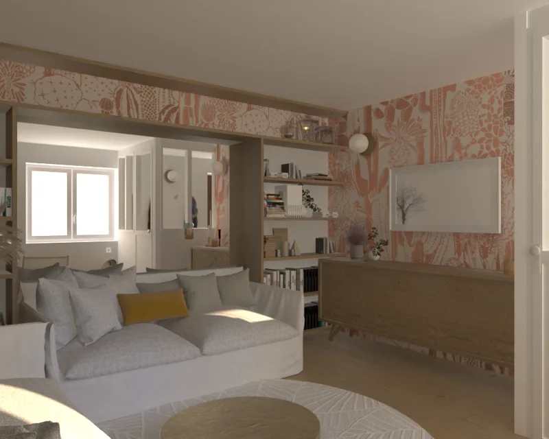 Salon rénové : papier peint terracotta, bibliothèque sur mesure et verrière vers l’entrée