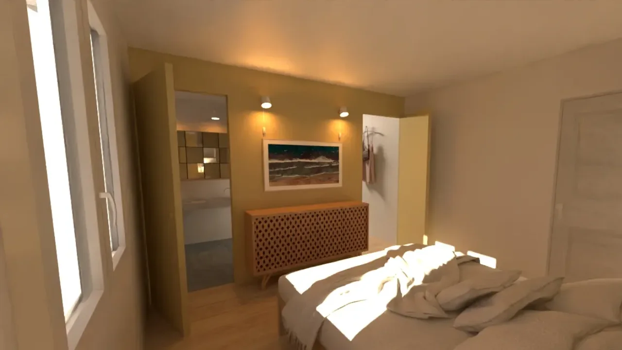 Chambre sous combles aux teintes chaudes, tête de lit en bois et éclairage indirect