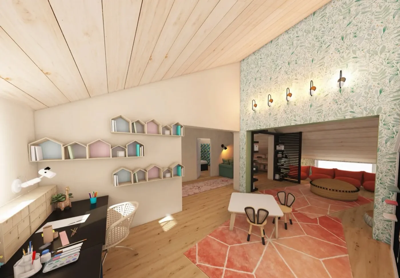 Combles aménagés de 120 m² : espace enfants avec étagères maisons, plafond en lambris bois et tapis graphique
