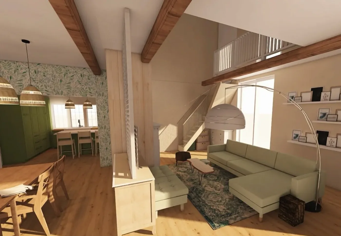 Vue depuis la salle à manger vers le séjour : poutres apparentes, cuisine vert olive en arrière-plan
