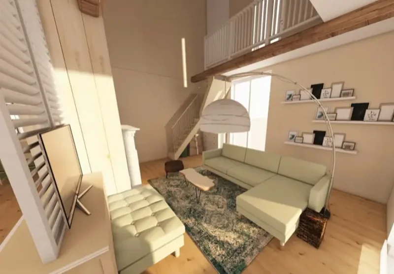 Séjour de 50 m² à double hauteur avec mezzanine bois, canapé vert d’eau et parquet clair