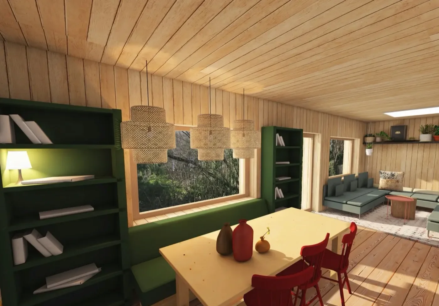 Coin repas avec bibliothèque vert forêt, table en bois massif et suspensions en fibre naturelle