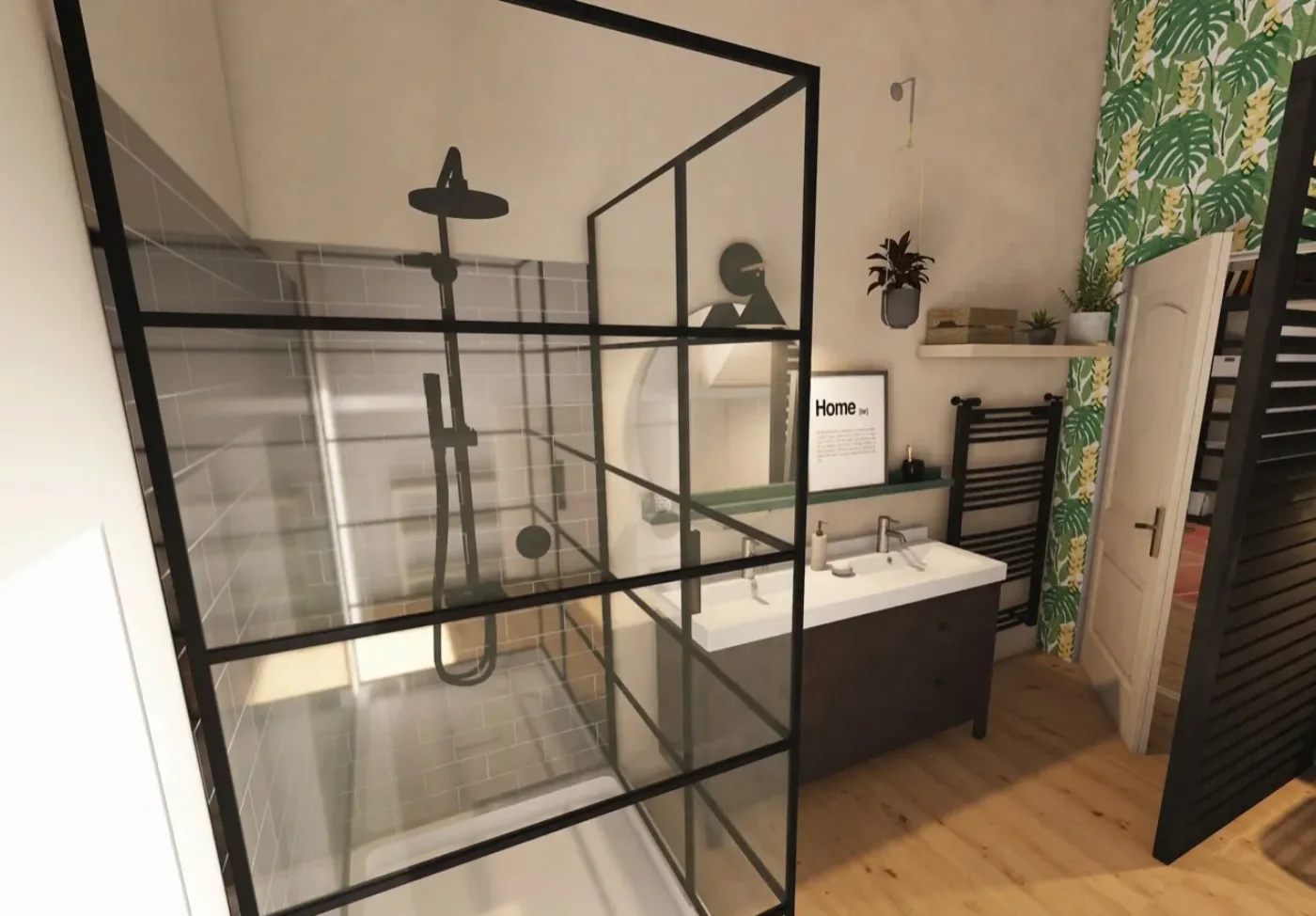 Salle d’eau avec verrière noire, douche à l’italienne et papier peint végétal