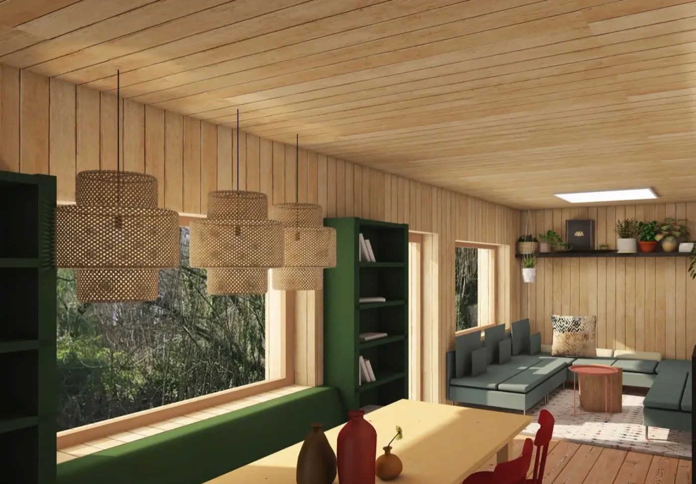 Séjour d’une maison familiale avec bardage bois intérieur, banquette verte et grande baie sur le jardin