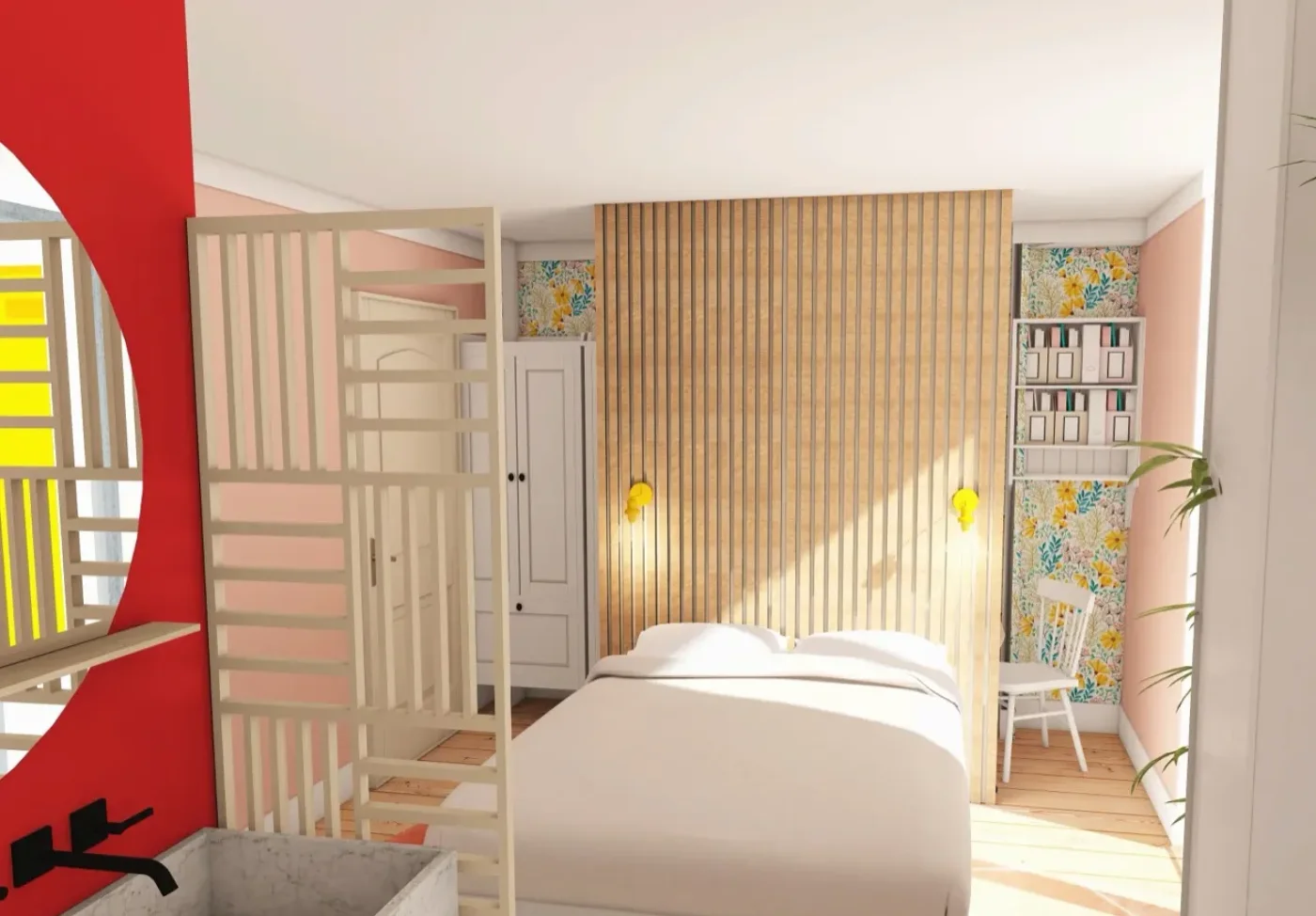 Espace nuit d’un studio de 27 m² séparé par un claustra bois, murs colorés et rangements intégrés