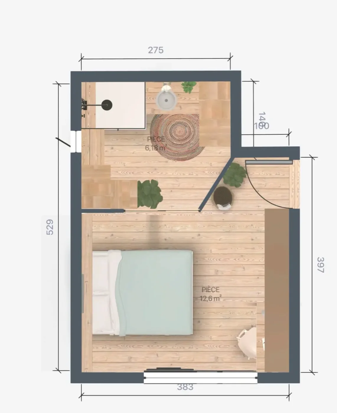 Tiny house avec kitchenette blanche, plan de travail bois et assises cubiques modulables